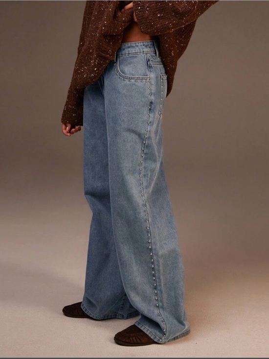 Denim - Wide Leg Studded Blue Denim Jeans